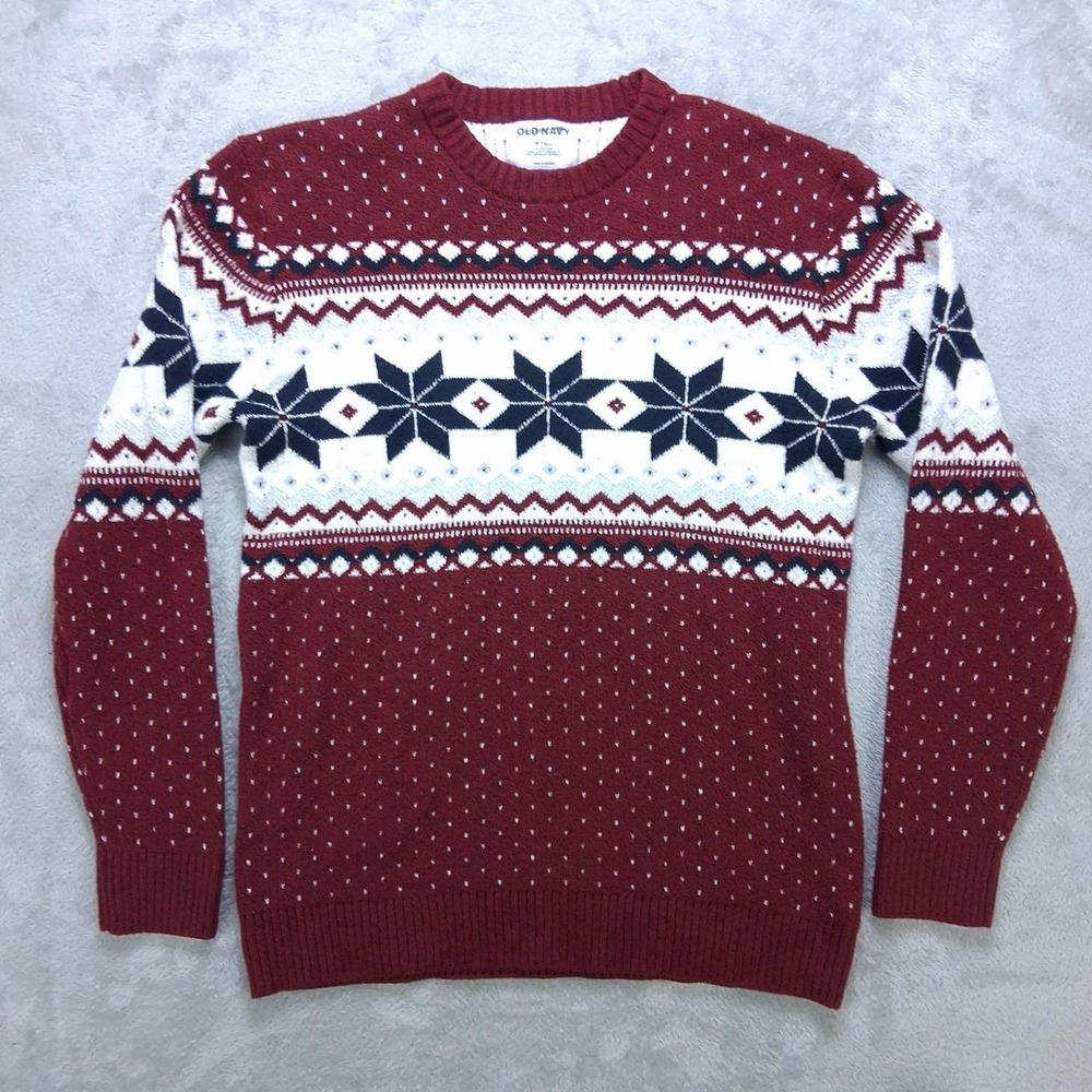 Old Navy Mens Fair Isle Knit Sweater Burgundy Red Winter Crewneck Medium Tall